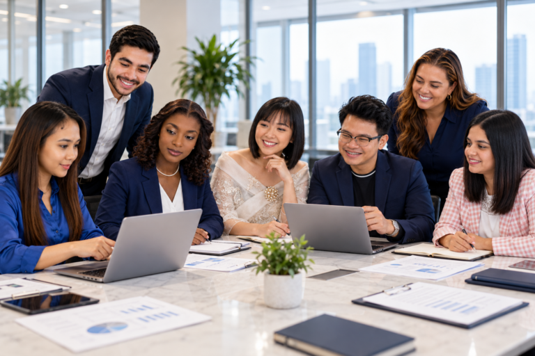 About Global Strategies: team collaborating around a conference table with laptops