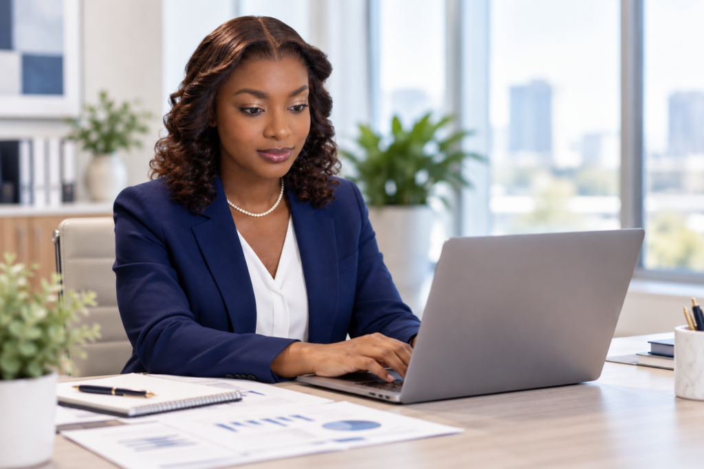 Accounting careers at Global Strategies — Rose working at a laptop